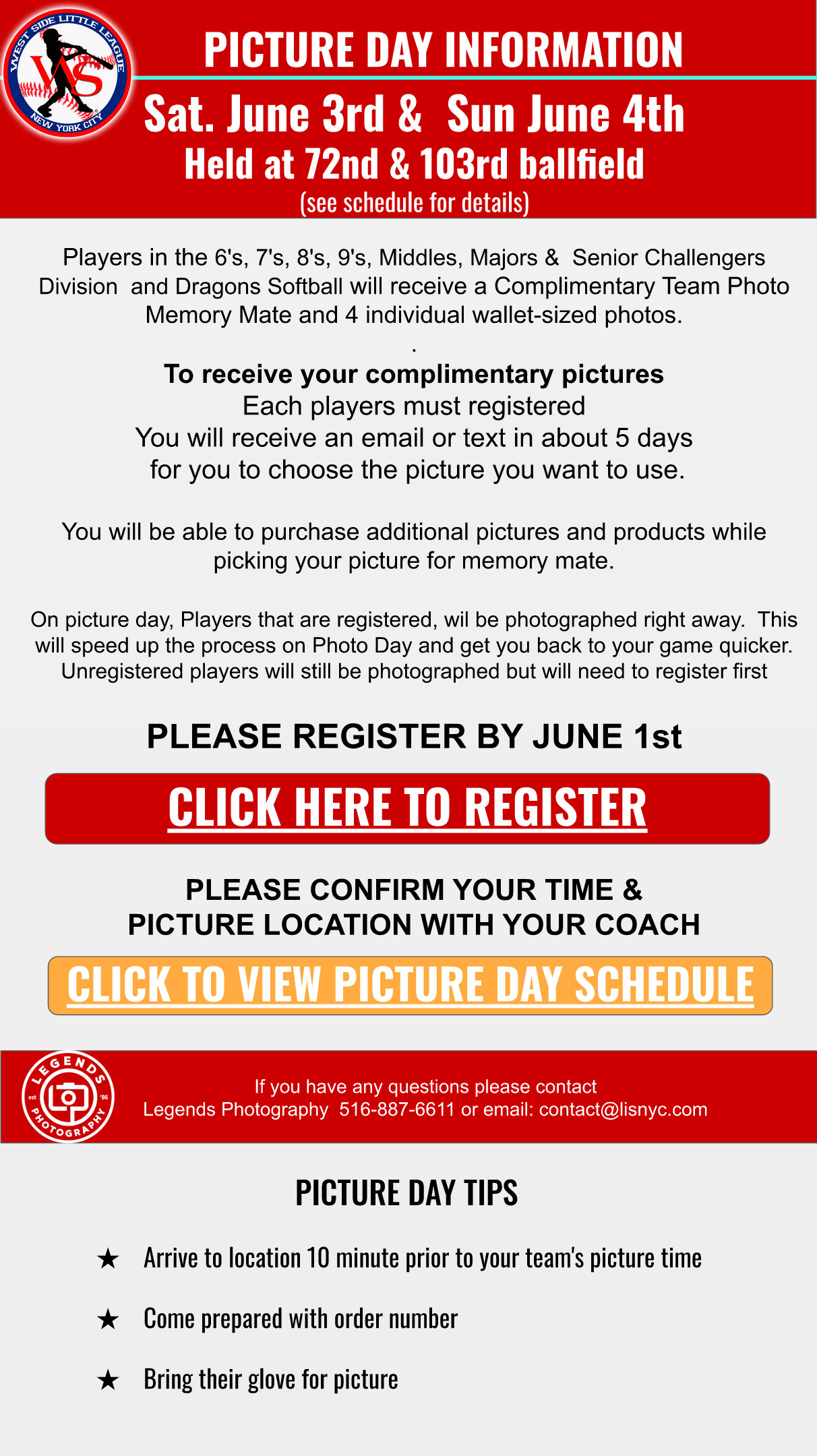 West Side Little League Photo Day is June 3rd & 4th